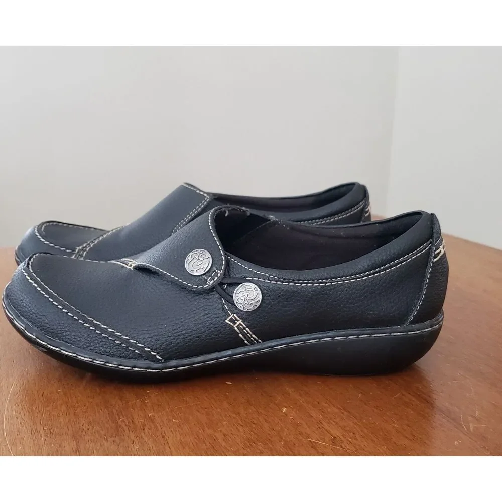 Clarks Ashalnd Lane Shoes Loafers 7.5‎ Black Slip On Comfort